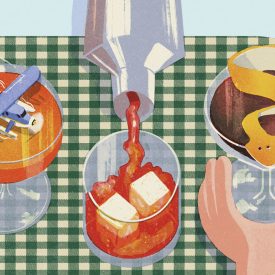 Illustration of three equal-parts cocktails on a green and white picnic blanket