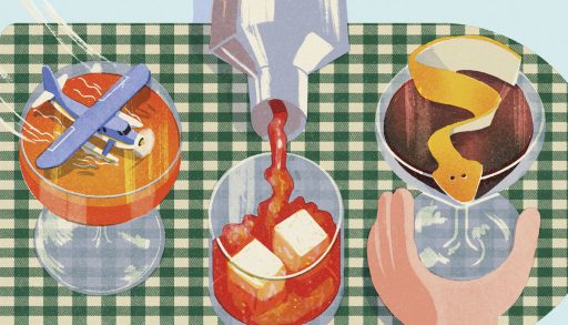 Illustration of three equal-parts cocktails on a green and white picnic blanket