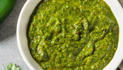 Healthy Homemade Spicy Green Zhoug Sauce with Cilantro and Jalapeno