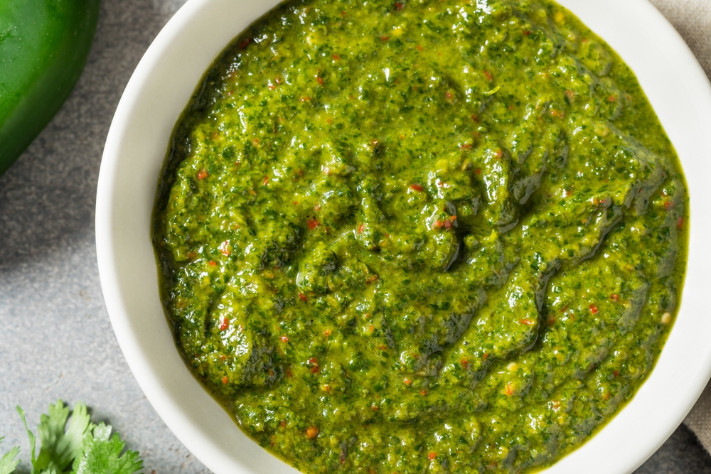 Healthy Homemade Spicy Green Zhoug Sauce with Cilantro and Jalapeno