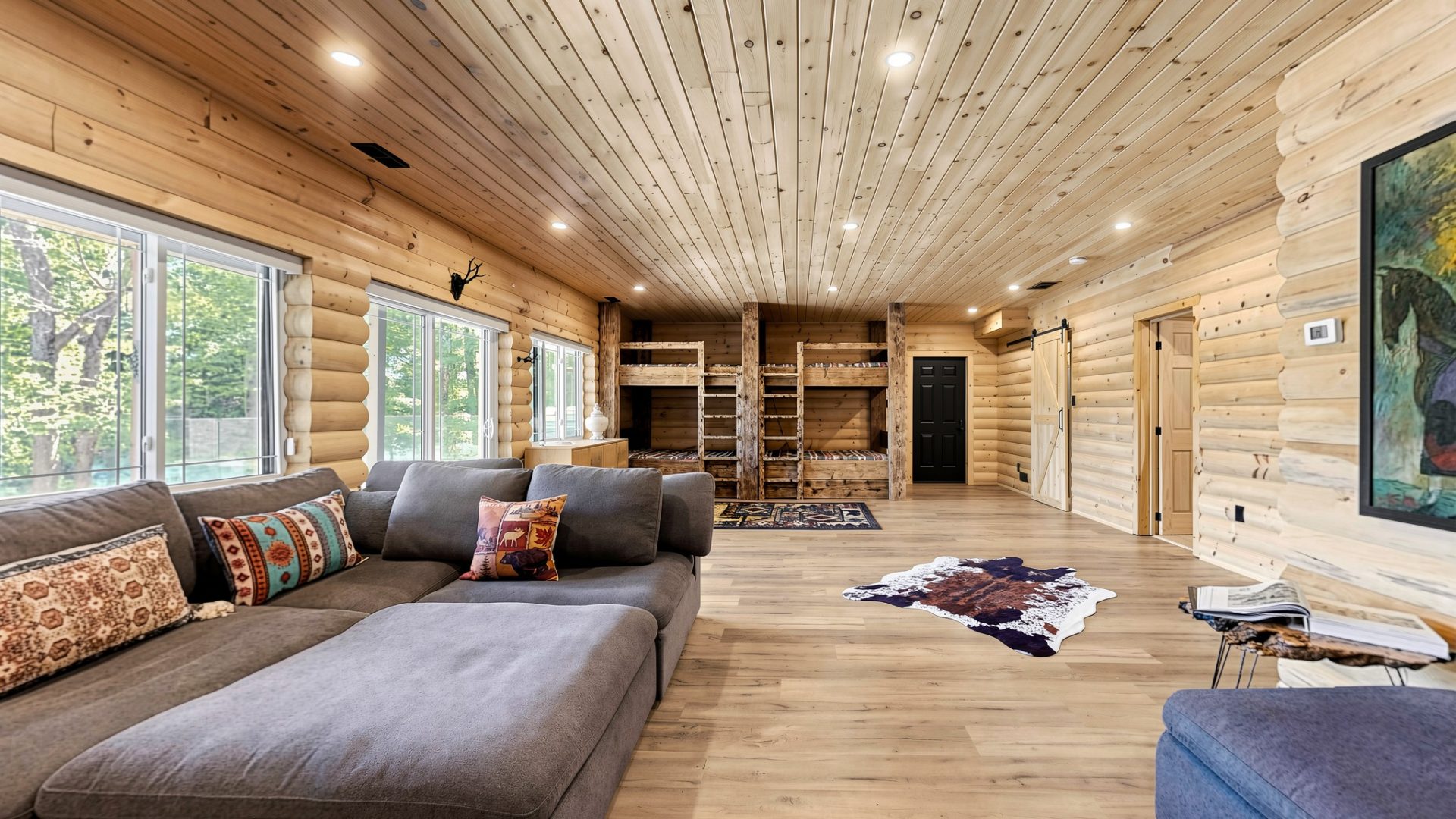 A walkout basement with a large grey couch and double built-in wood bunk beds