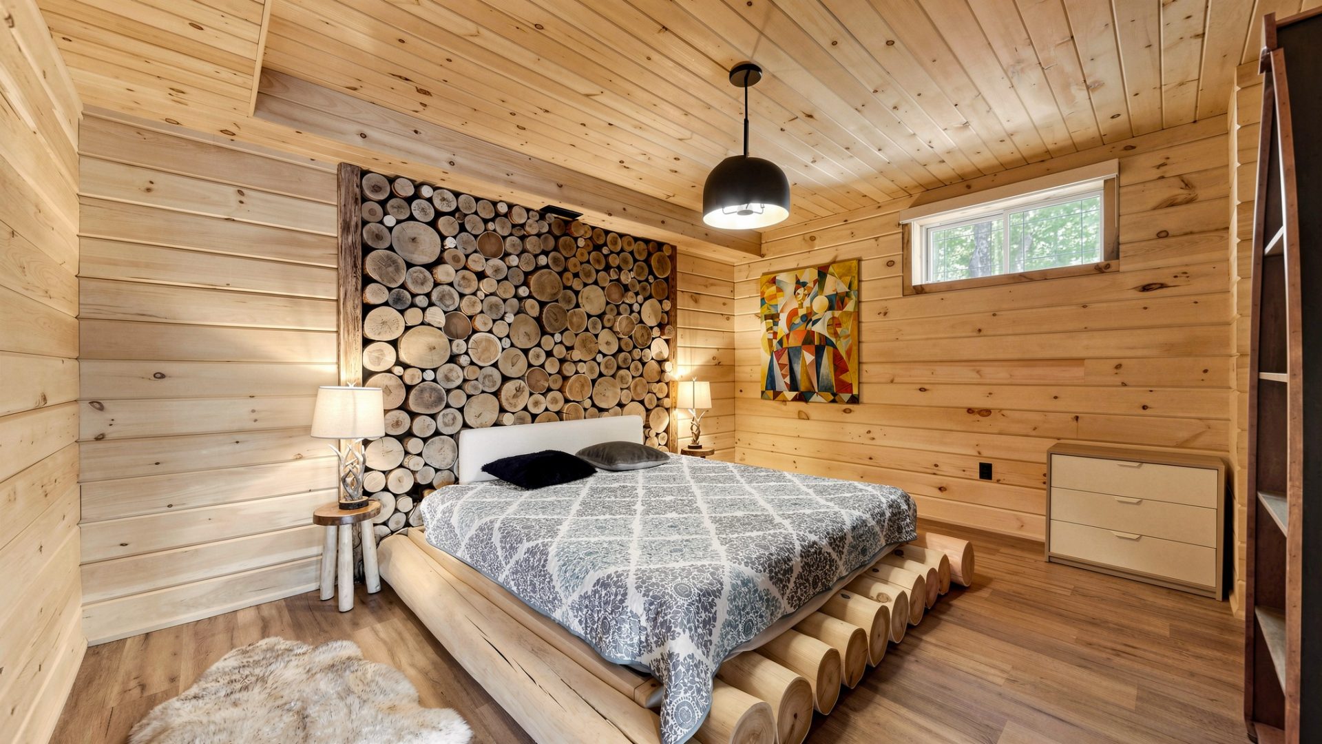 A bed with a grey bedspread in a wood-clad bedroom