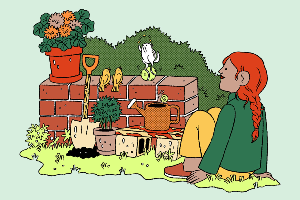 An illustration of a girl and white chipmunk in the garden