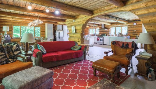 A red couch faces mismatched furniture on a red patterned carpet in a wood living room