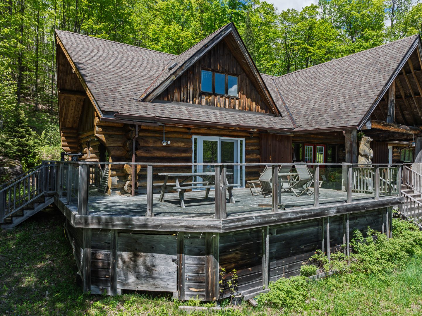 A spacious deck in a log cabin