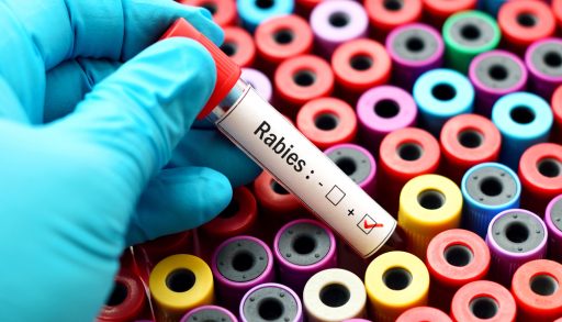 A gloved hand holding a positive rabies test