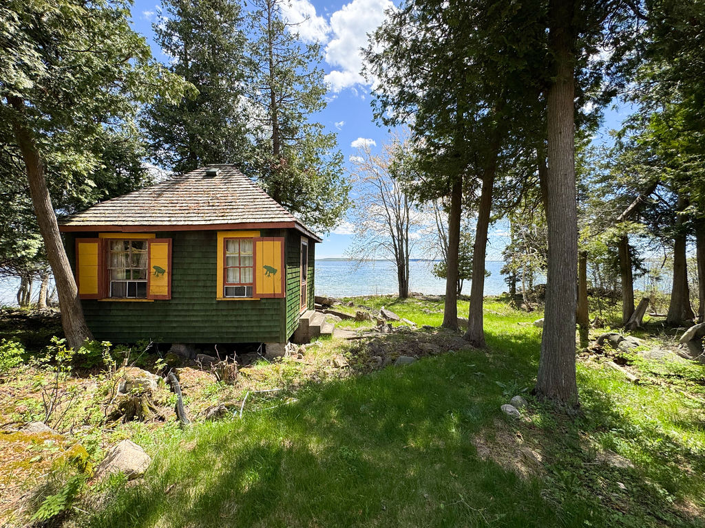 A green bunkie with yellow windows on a grassy property