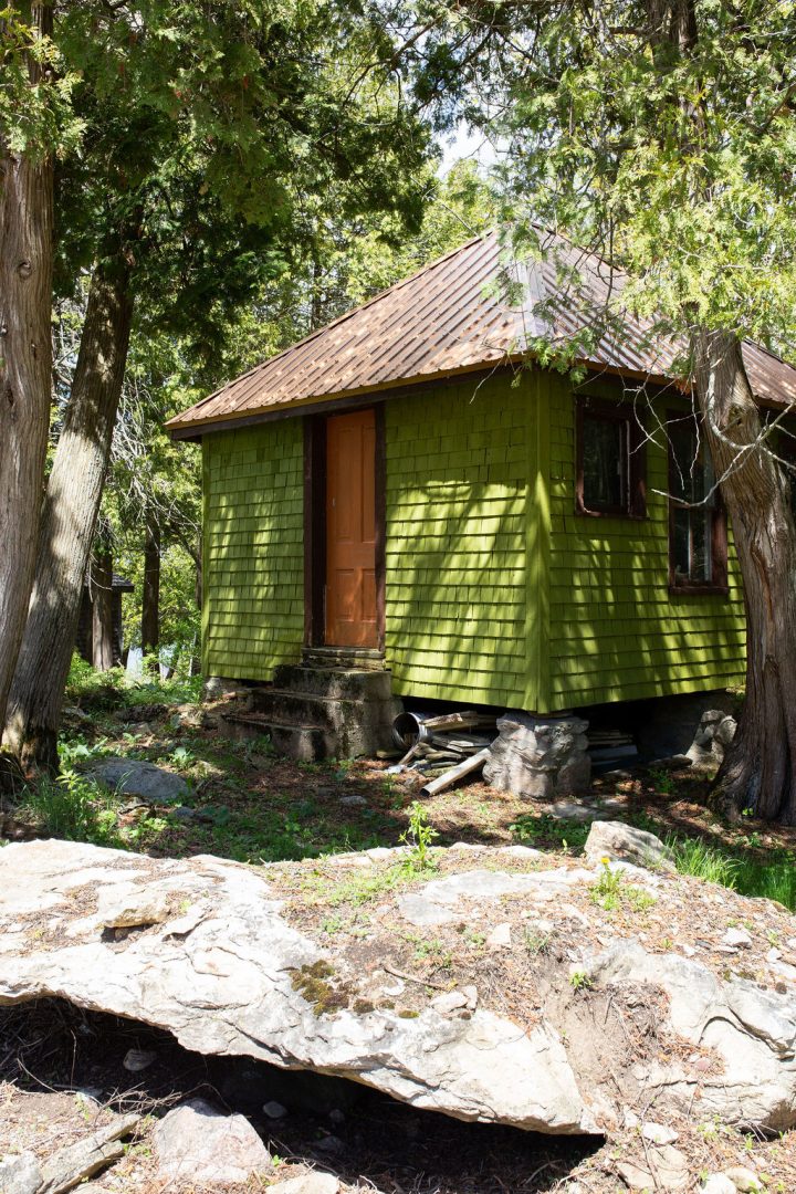 A small green building in the forest