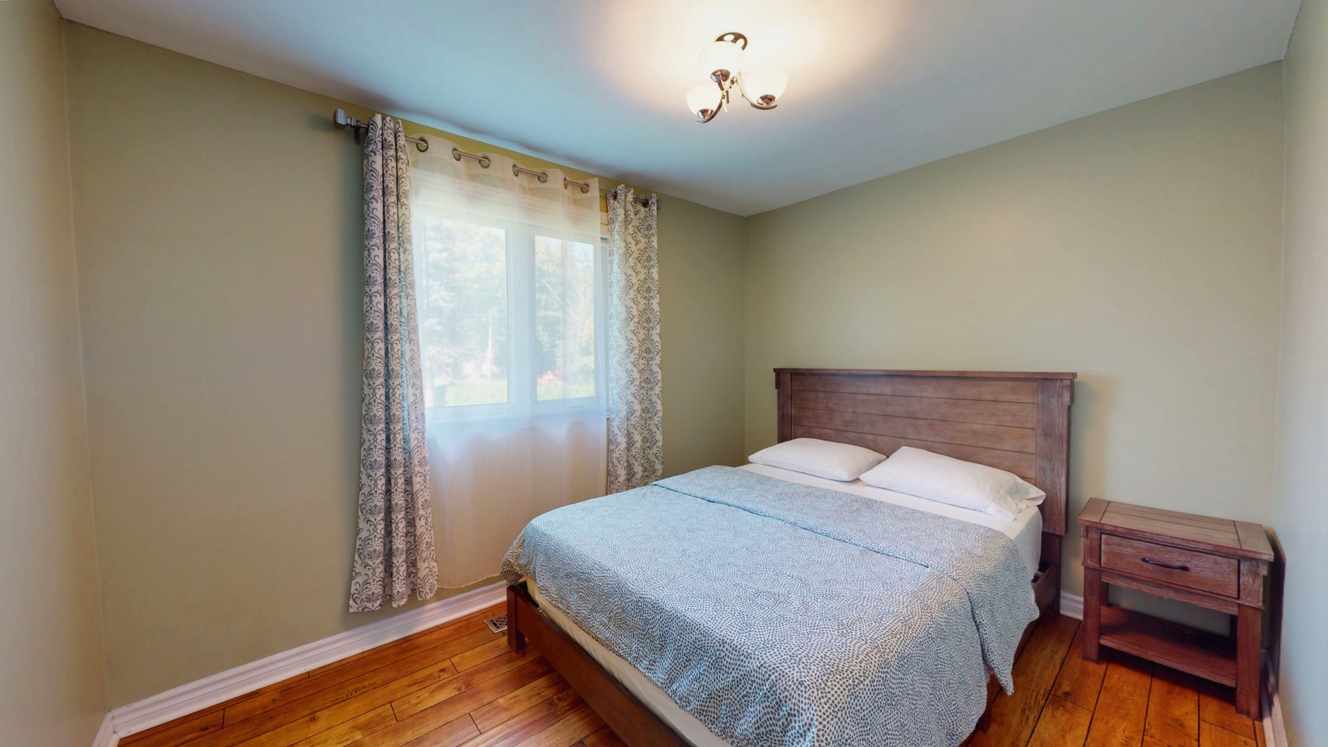 A blue bed in a green-beige bedroom with checked sheer curtains